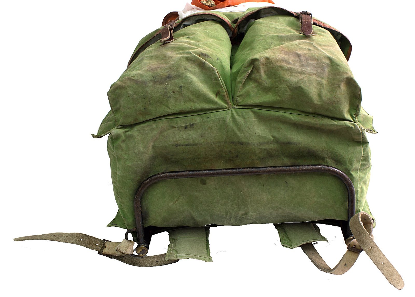 Green canvas backpack with an external frame